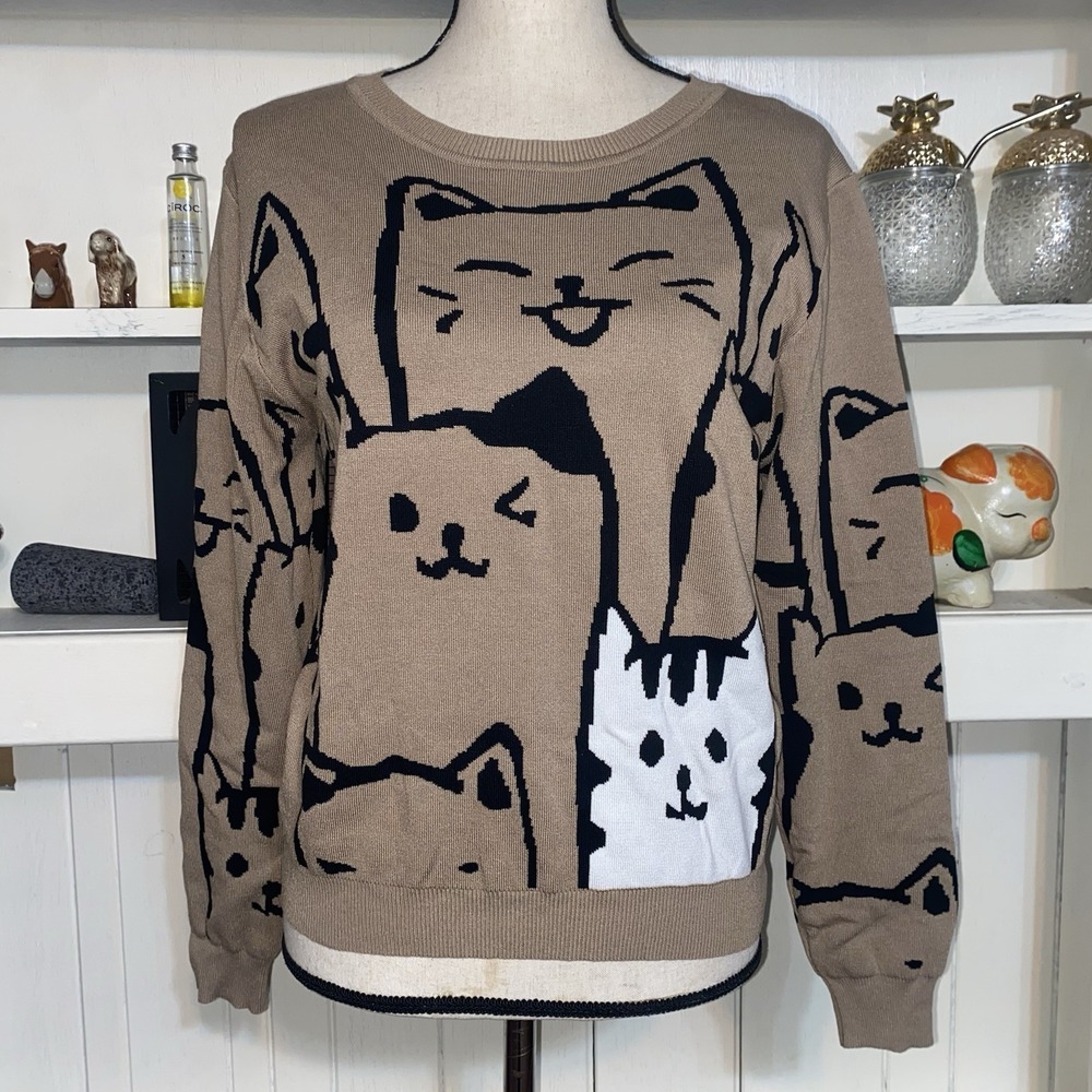 Lizette‎ Collection Brown Cat Print Pullover Sweater Large